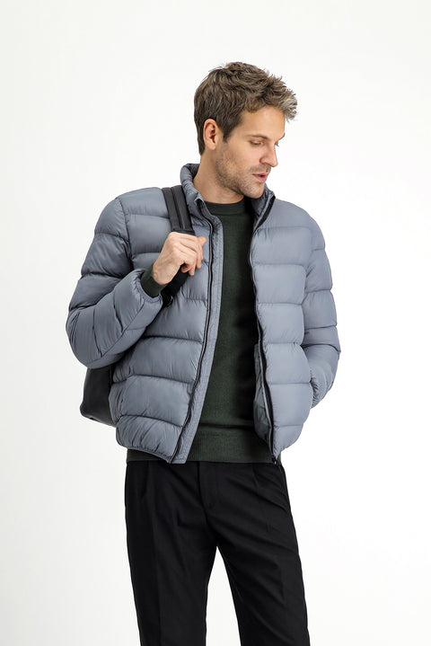 Light Grey Stand Collar Windproof Sport Puffer Jacket with Zipper and Pockets