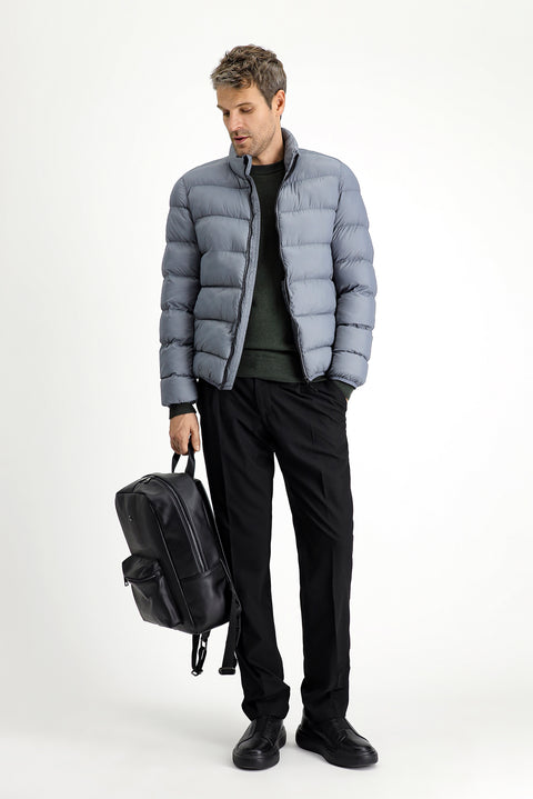 Light Grey Stand Collar Windproof Sport Puffer Jacket with Zipper and Pockets