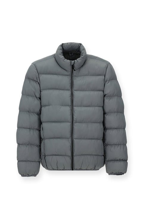 Light Grey Stand Collar Windproof Sport Puffer Jacket with Zipper and Pockets