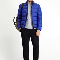 Dark Blue Stand Collar Windproof Sport Puffer Jacket with Zipper and Pockets and Bag