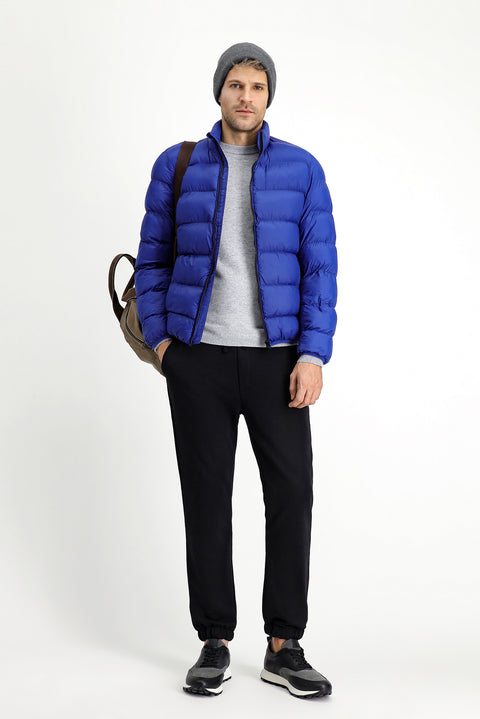 Dark Blue Stand Collar Windproof Sport Puffer Jacket with Zipper and Pockets and Bag