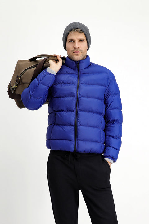 Dark Blue Stand Collar Windproof Sport Puffer Jacket with Zipper and Pockets and Bag