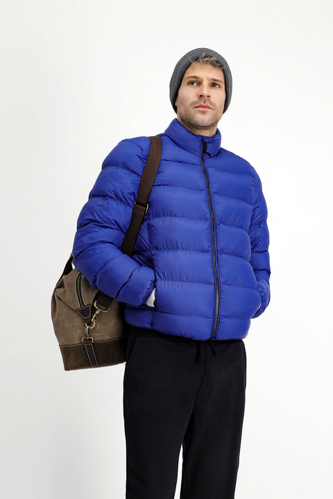 Dark Blue Stand Collar Windproof Sport Puffer Jacket with Zipper and Pockets and Bag