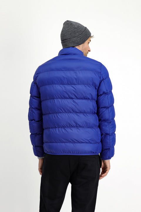 Dark Blue Stand Collar Windproof Sport Puffer Jacket with Zipper and Pockets and Bag