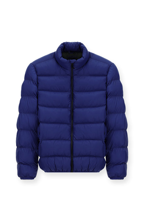 Dark Blue Stand Collar Windproof Sport Puffer Jacket with Zipper and Pockets and Bag