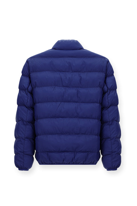 Dark Blue Stand Collar Windproof Sport Puffer Jacket with Zipper and Pockets and Bag