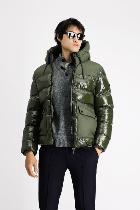 Dark Khaki Hooded Quilted Sport Puffer Jacket