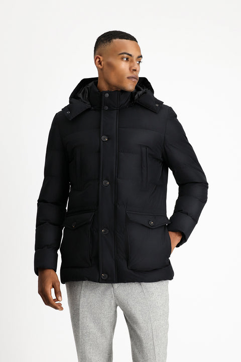 Siyah Slim Fit Dar Kesim Kapüşonlu Cepli Rüzgar Geçirmez Spor Şişme Mont