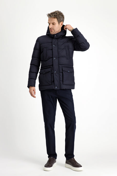 Dark Navy Slim Fit Narrow Cut Hooded Pocketed Windproof Sport Puffer Jacket