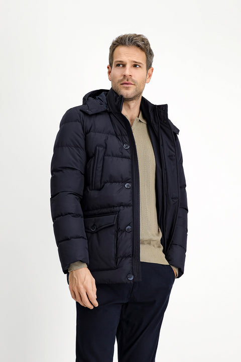 Dark Navy Slim Fit Narrow Cut Hooded Pocketed Windproof Sport Puffer Jacket