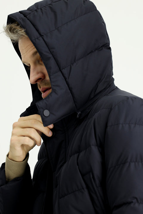 Dark Navy Slim Fit Narrow Cut Hooded Pocketed Windproof Sport Puffer Jacket