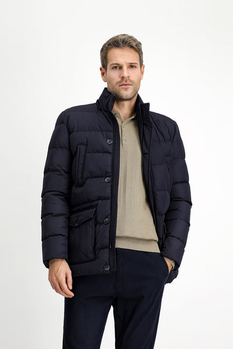 Dark Navy Slim Fit Narrow Cut Hooded Pocketed Windproof Sport Puffer Jacket