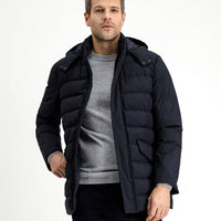 Koyu Lacivert Slim Fit Dar Kesim Kapüşonlu Cepli Fermuarlı Rüzgar Geçirmez Spor Şişme Mont