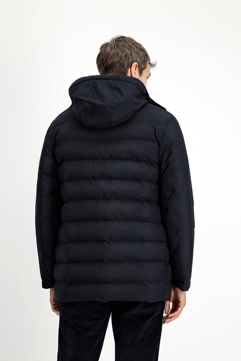 Koyu Lacivert Slim Fit Dar Kesim Kapüşonlu Cepli Fermuarlı Rüzgar Geçirmez Spor Şişme Mont