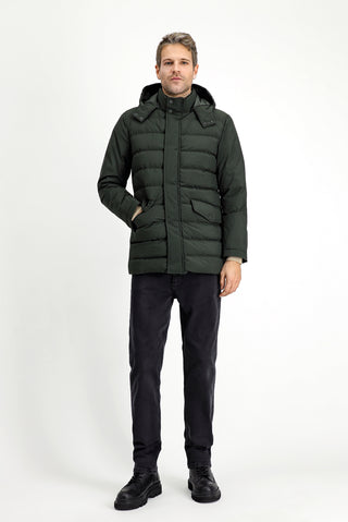  Orta Haki Slim Fit Dar Kesim Kapüşonlu Cepli Fermuarlı Rüzgar Geçirmez Spor Şişme Mont