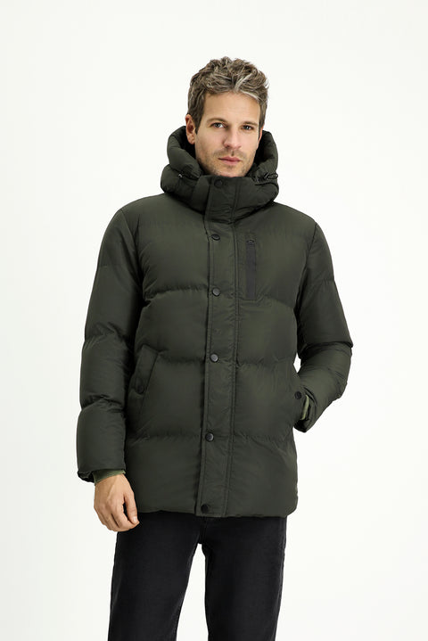 Dark Khaki Hooded Sports Puffer Jacket