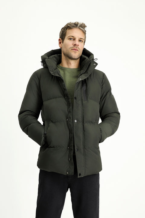 Dark Khaki Hooded Sports Puffer Jacket