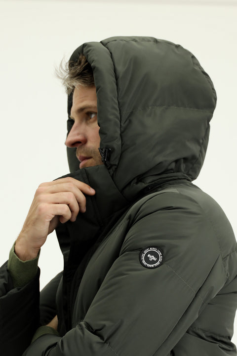 Dark Khaki Hooded Sports Puffer Jacket