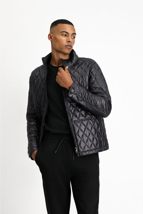 Black Stand Collar Pocketed Zippered Windproof Quilted Sport Jacket