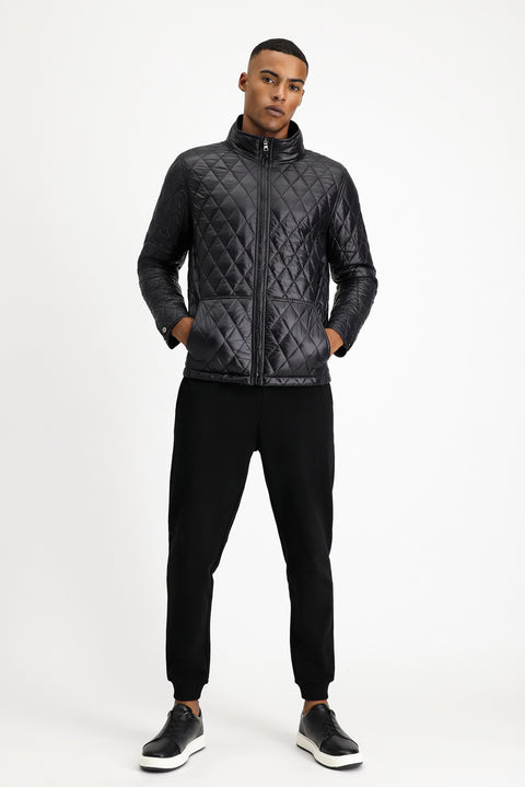 Black Stand Collar Pocketed Zippered Windproof Quilted Sport Jacket