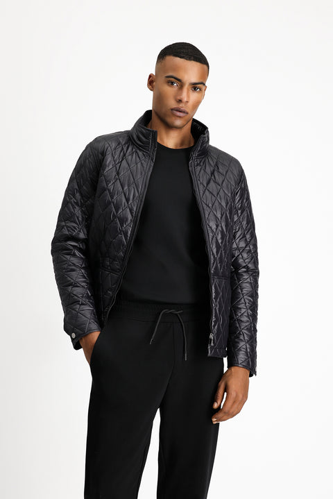 Black Stand Collar Pocketed Zippered Windproof Quilted Sport Jacket