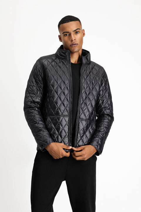 Black Stand Collar Pocketed Zippered Windproof Quilted Sport Jacket