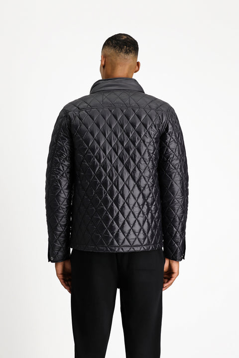 Black Stand Collar Pocketed Zippered Windproof Quilted Sport Jacket