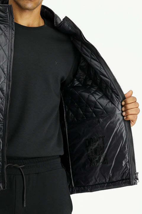 Black Stand Collar Pocketed Zippered Windproof Quilted Sport Jacket