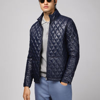 Dark Navy Stand Collar Windproof Quilted Sport Jacket with Pockets and Zipper