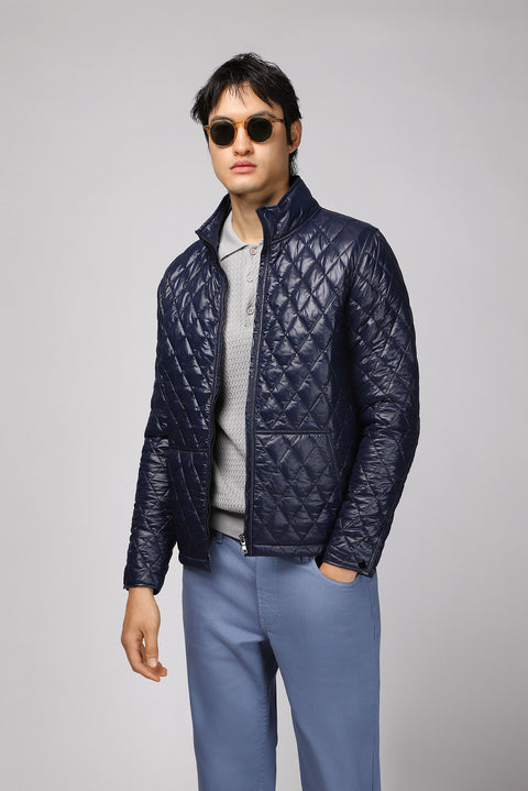 Dark Navy Stand Collar Windproof Quilted Sport Jacket with Pockets and Zipper