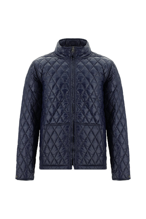 Dark Navy Stand Collar Windproof Quilted Sport Jacket with Pockets and Zipper