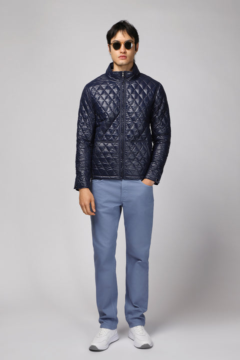 Dark Navy Stand Collar Windproof Quilted Sport Jacket with Pockets and Zipper