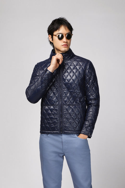 Dark Navy Stand Collar Windproof Quilted Sport Jacket with Pockets and Zipper