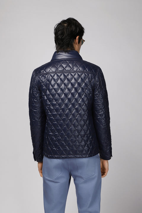 Dark Navy Stand Collar Windproof Quilted Sport Jacket with Pockets and Zipper