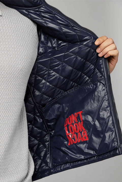 Dark Navy Stand Collar Windproof Quilted Sport Jacket with Pockets and Zipper
