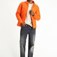 Medium Orange Stand Collar Zippered Windproof Quilted Sport Jacket with Pockets