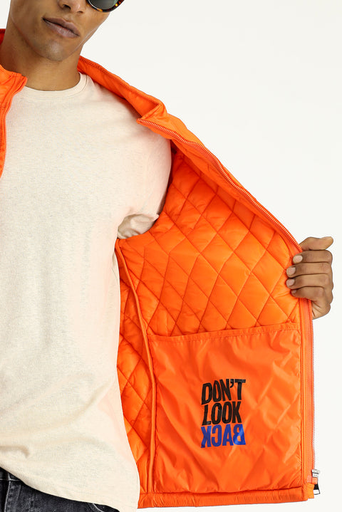 Medium Orange Stand Collar Zippered Windproof Quilted Sport Jacket with Pockets