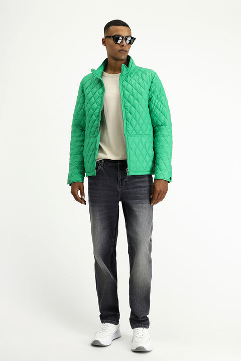Dark Green Stand Collar Pocketed Zippered Windproof Quilted Sport Jacket