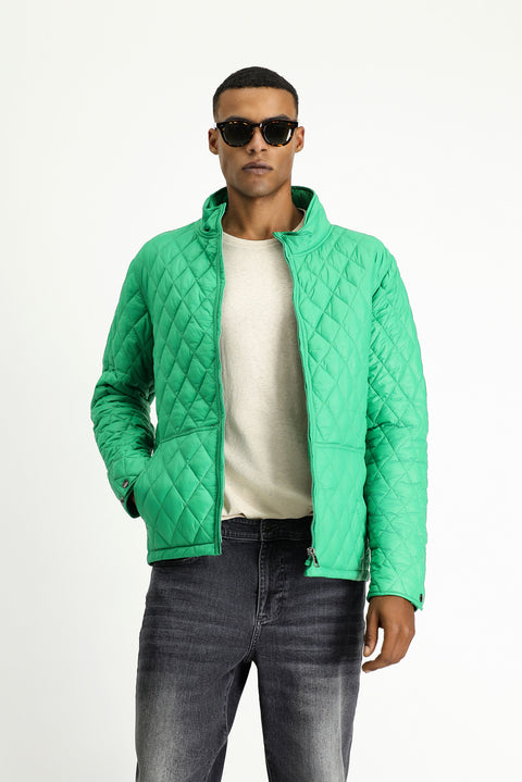 Dark Green Stand Collar Pocketed Zippered Windproof Quilted Sport Jacket