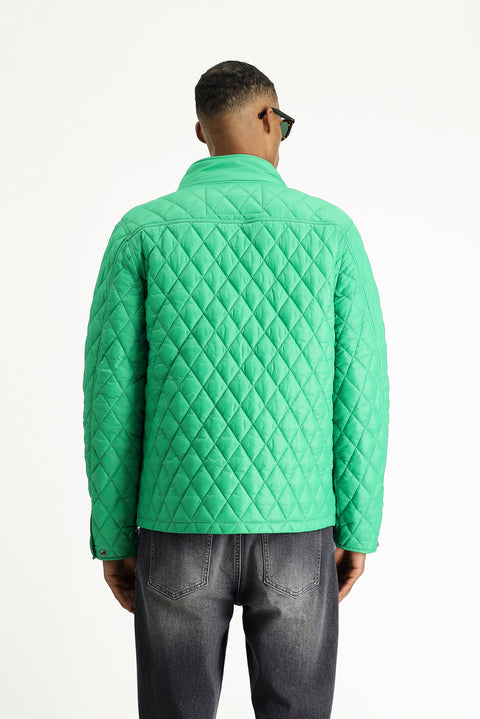 Dark Green Stand Collar Pocketed Zippered Windproof Quilted Sport Jacket