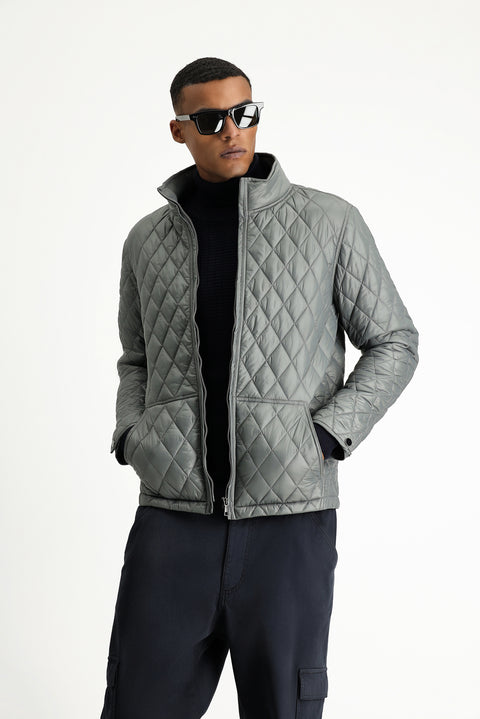 Dark Anthracite Stand Collar Pocketed Zippered Windproof Quilted Sport Jacket