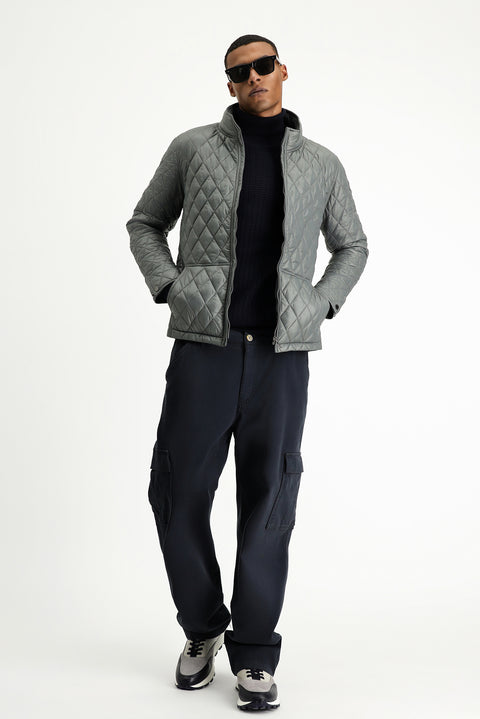 Dark Anthracite Stand Collar Pocketed Zippered Windproof Quilted Sport Jacket