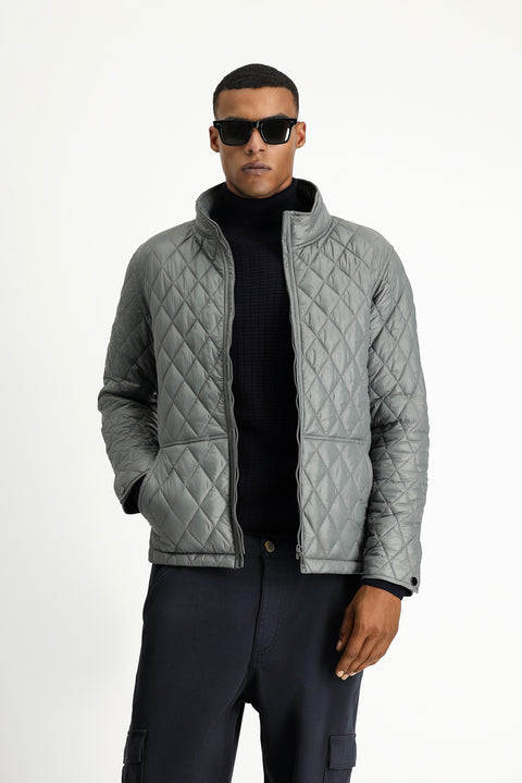 Dark Anthracite Stand Collar Pocketed Zippered Windproof Quilted Sport Jacket