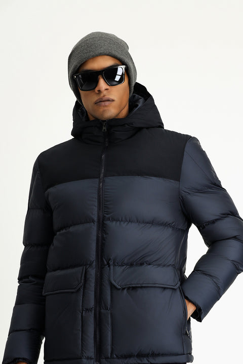 Dark Navy Slim Fit Narrow Cut Hooded Sport Puffer Jacket