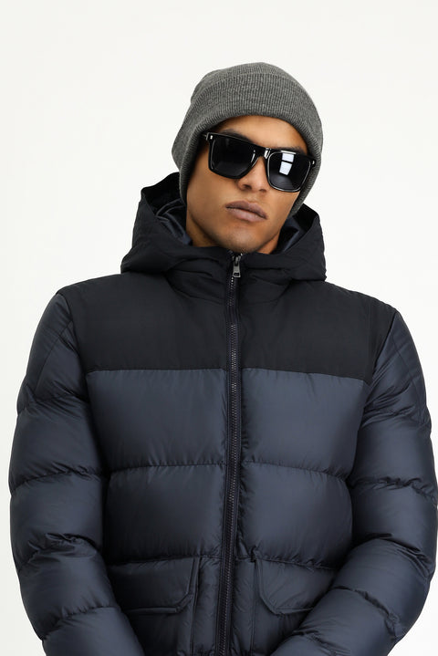 Dark Navy Slim Fit Narrow Cut Hooded Sport Puffer Jacket