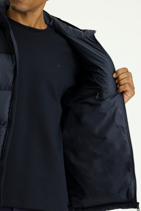 Dark Navy Slim Fit Narrow Cut Hooded Sport Puffer Jacket