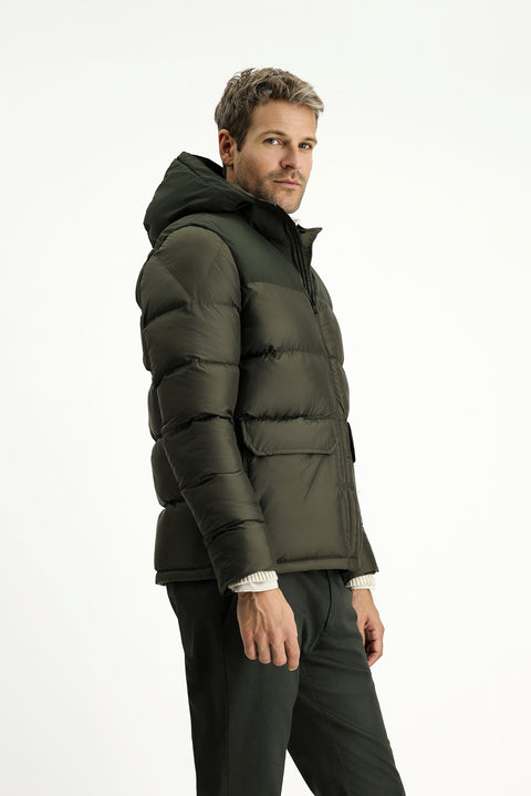 Orta Haki Slim Fit Dar Kesim Kapüşonlu Spor Şişme Mont