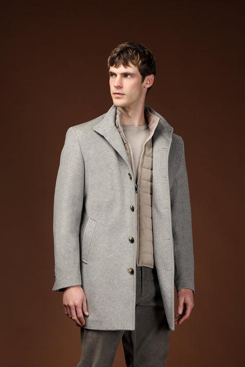 Medium Grey Stand-Up Collar Classic Wool Coat with Detachable Insole Pockets