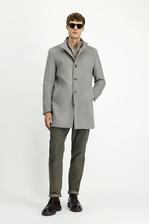 Medium Grey Stand-Up Collar Classic Wool Coat with Detachable Insole Pockets