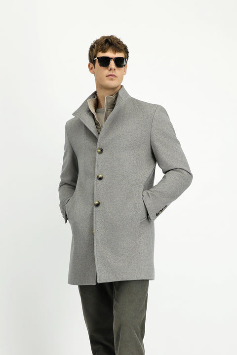 Medium Grey Stand-Up Collar Classic Wool Coat with Detachable Insole Pockets